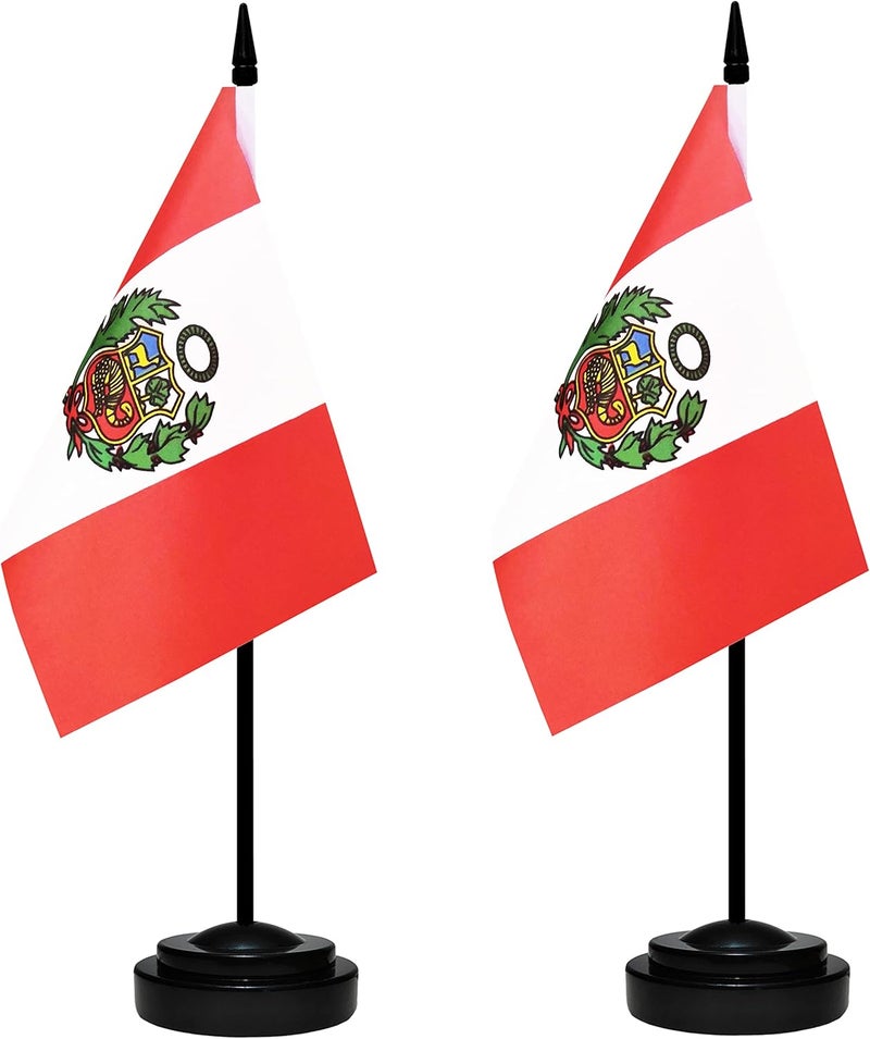 BCLin Peru Desk Flag Set, 2 Pack Peruvian Table Office Flags, Small Mini Desktop Flag With 12" Solid Black Pole, Black Base, Miniature Desktop Flag - Image 1